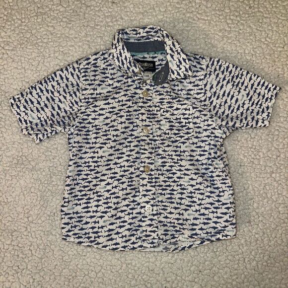 OshKosh Boys Shark Fish Pattern Collared Short Sleeve Button Shirt White Blue 18 - Picture 1 of 8